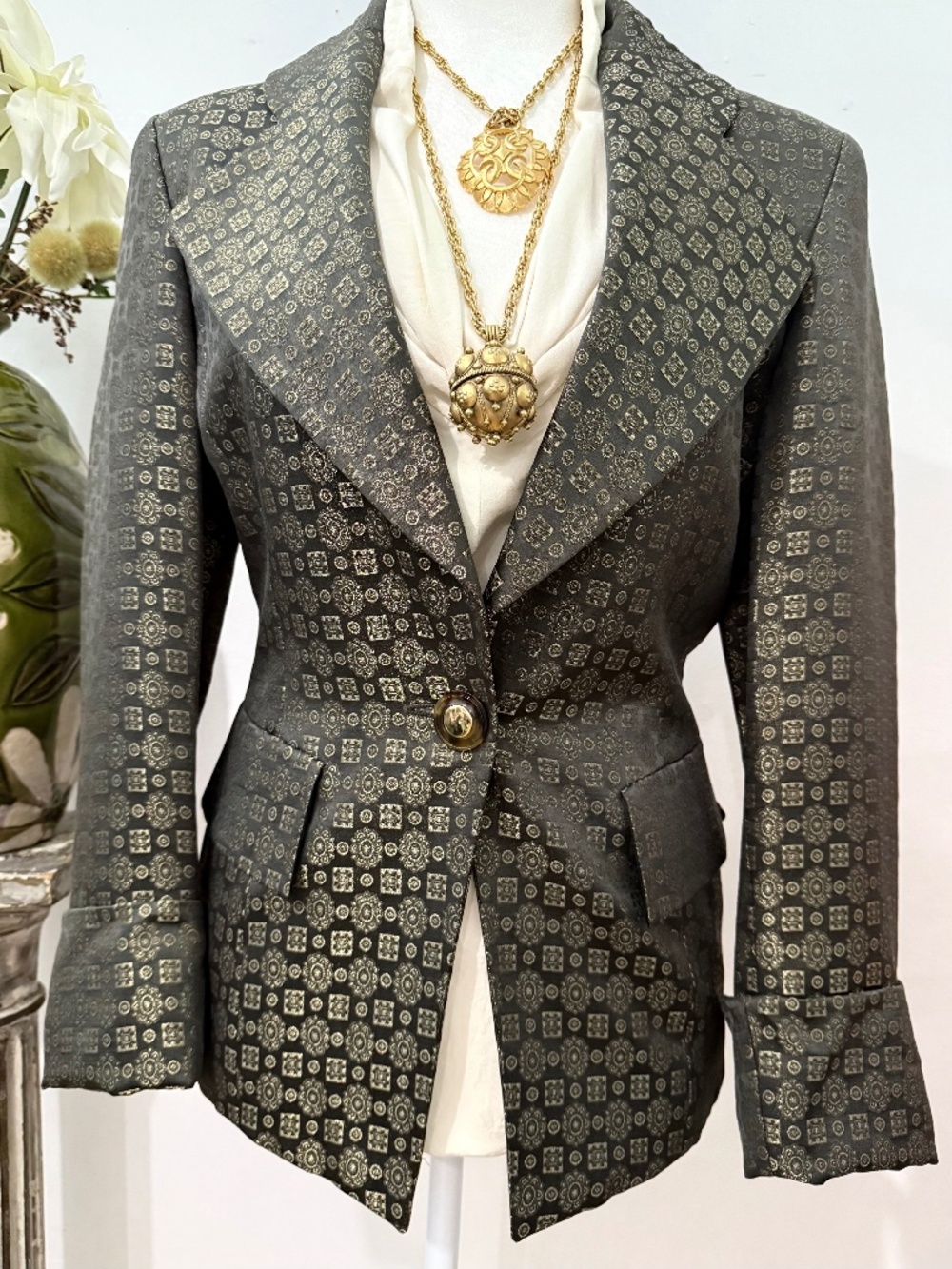 RARE Vintage ESCADA by Margaretha Ley Gold Jacquard Wool Metallic Jacket SZ 34